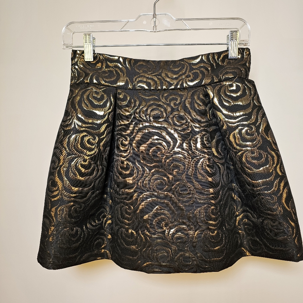 Black and gold box pleated lined mini skirt. Custom handmade.